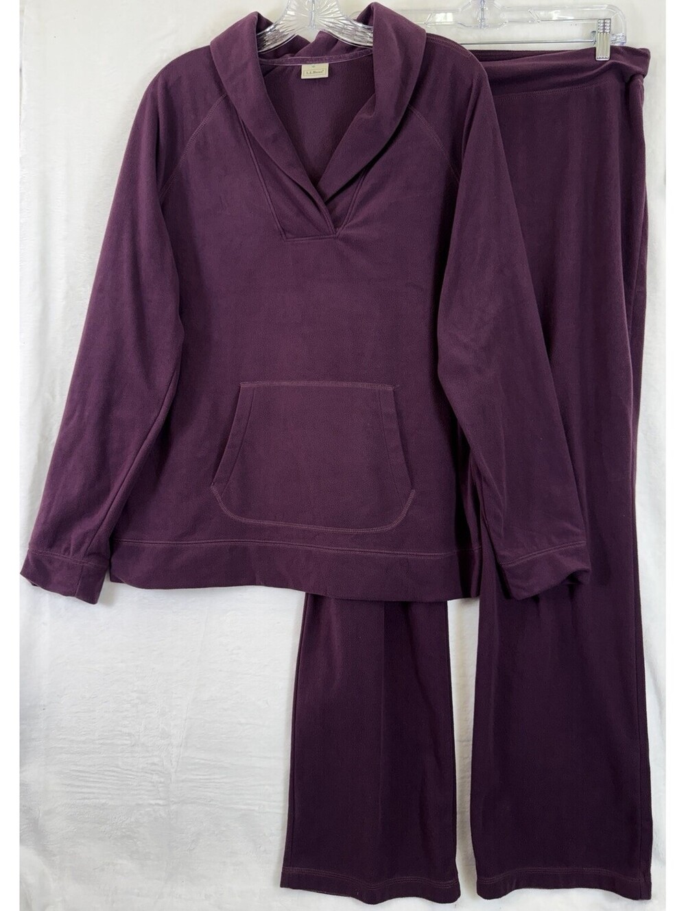LL Bean Fleece Pullover Top Pants Set Large Womens Burgundy Pull On Straight Leg